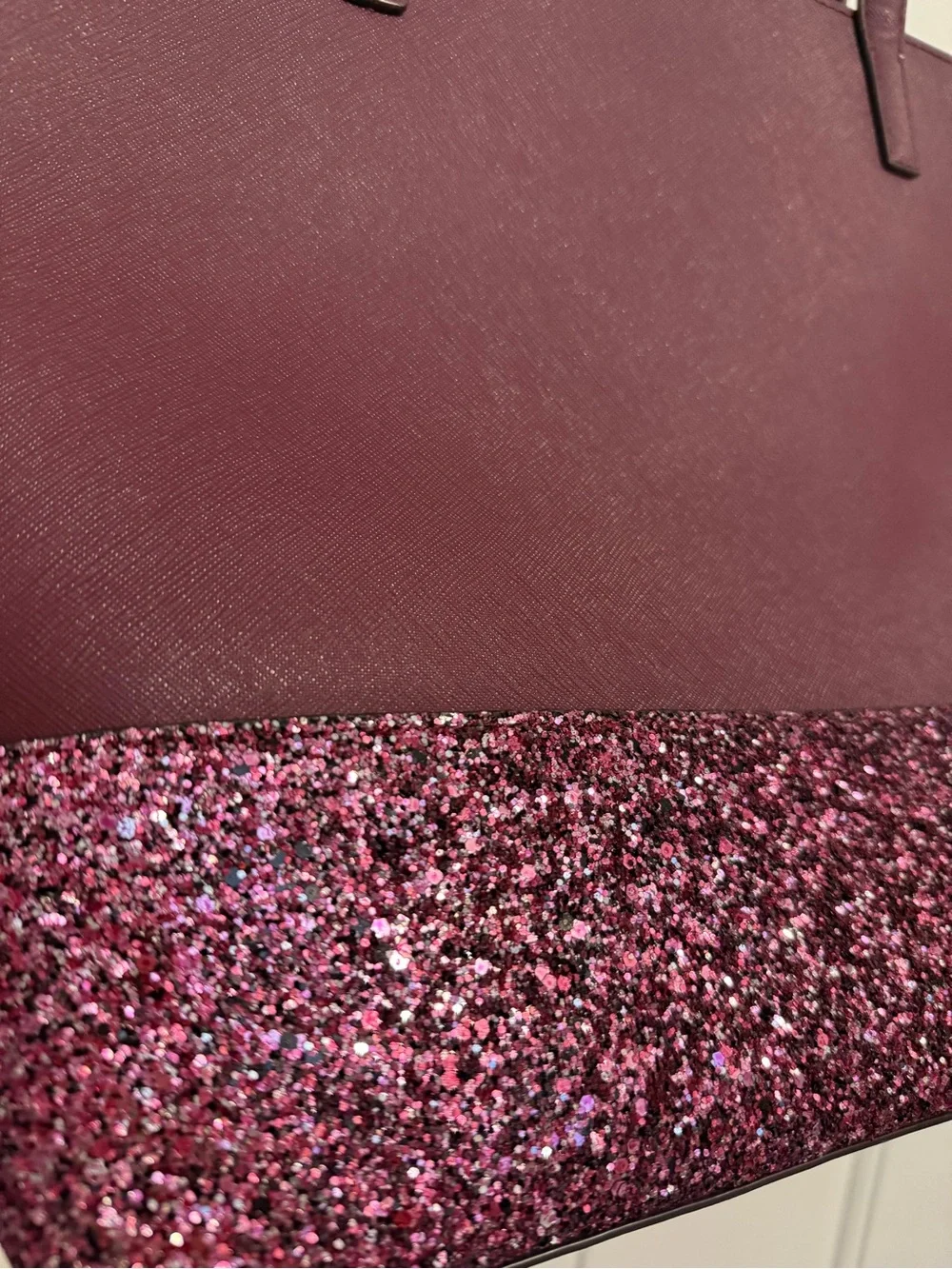 kate spade burgundy tote with pink glitter base